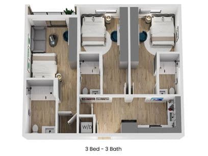 3D floor plan of A1.1, a 3 bed, 3 bath apartment
