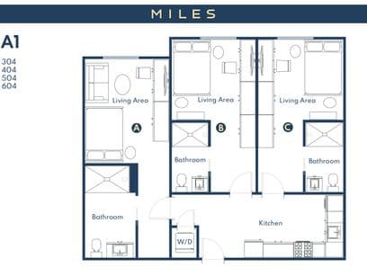 3D floor plan of A1, a 3 bed, 3 bath apartment