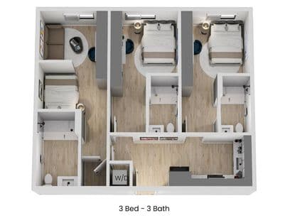 3D floor plan of A2, a 3 bed, 3 bath apartment