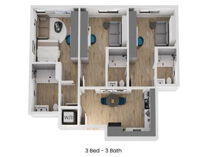 3D floor plan of A3, a 3 bed, 3 bath apartment