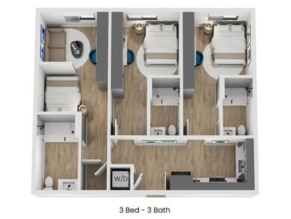 3D floor plan of A4, a 3 bed, 3 bath apartment