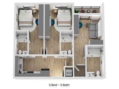 3D floor plan of A5.1, a 3 bed, 3 bath apartment