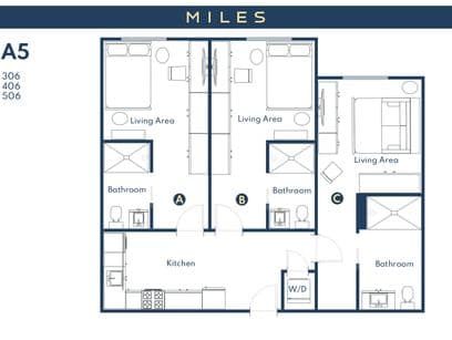 3D floor plan of A5, a 3 bed, 3 bath apartment