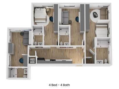 3D floor plan of B1.1, a 4 bed, 4 bath apartment