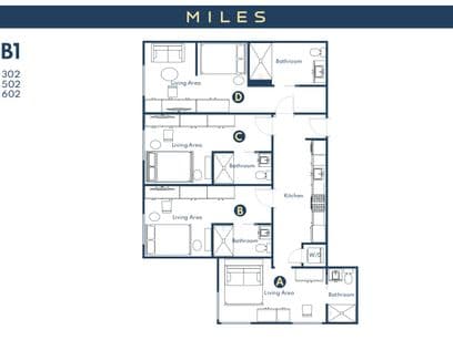 3D floor plan of B1, a 4 bed, 4 bath apartment