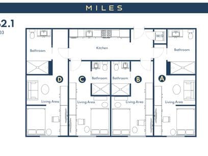 3D floor plan of B2.1, a 4 bed, 4 bath apartment