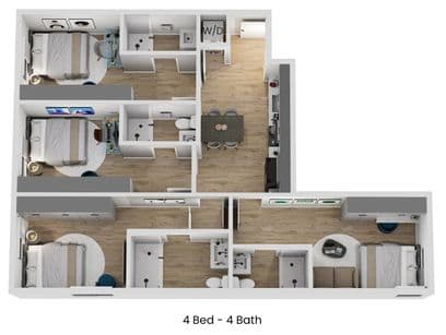 3D floor plan of B3, a 4 bed, 4 bath apartment