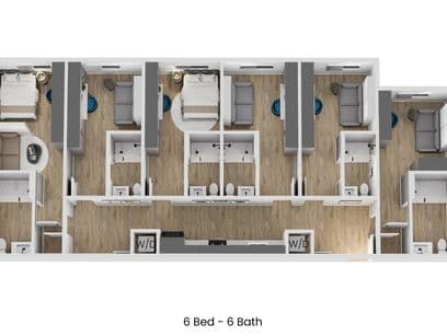 3D floor plan of D1, a 6 bed, 6 bath apartment